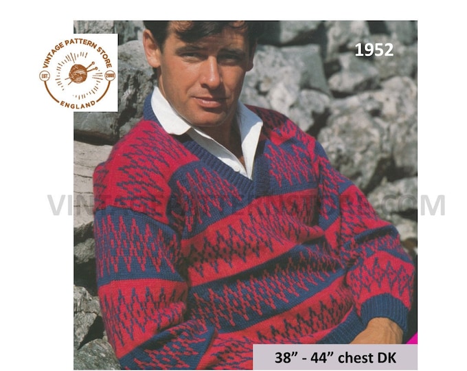 Mens Mans 90s vintage DK V neck fair isle banded drop shoulder raglan sweater jumper pdf knitting pattern 38" to 44" chest PDF download 1952