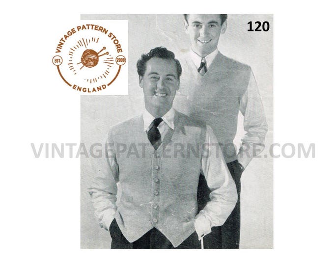 Mens Mans 50s vintage easy to knit V neck 3 ply tank top sweater vest & shaped hem waistcoat pdf knitting pattern 38" to 40" Download 120