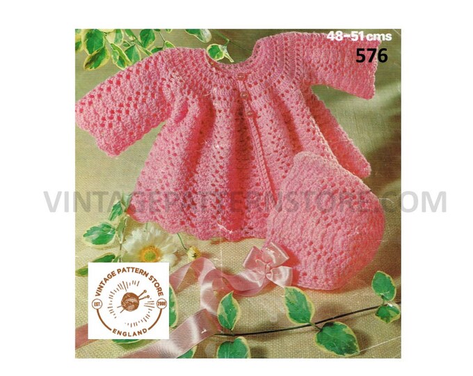 Baby Babies 70s vintage 4 ply round neck lacy matinee coat jacket & ribbon tie bonnet pdf crochet pattern 19" to 20" chest PDF download 576