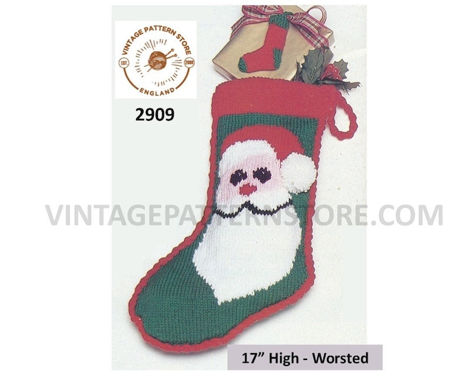 Boys Girls 80s vintage Santa Claus Father Christmas worsted stocking pdf knitting pattern 18.5" High Instant PDF Download 2909