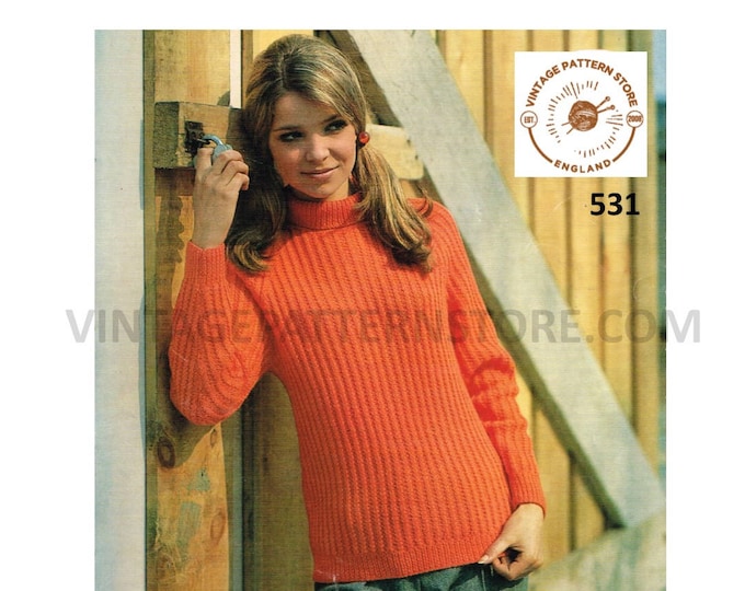 Ladies Womens 70s skinny rib ribbed turtleneck slim fit DK chunky knit raglan sweater jumper pdf knitting pattern 34" to 38" Download 531