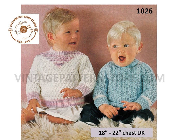 Baby Babies Toddlers DK crew neck cable cabled or textured raglan sweater jumper pdf knitting pattern 18" to 22" Instant PDF download 1026