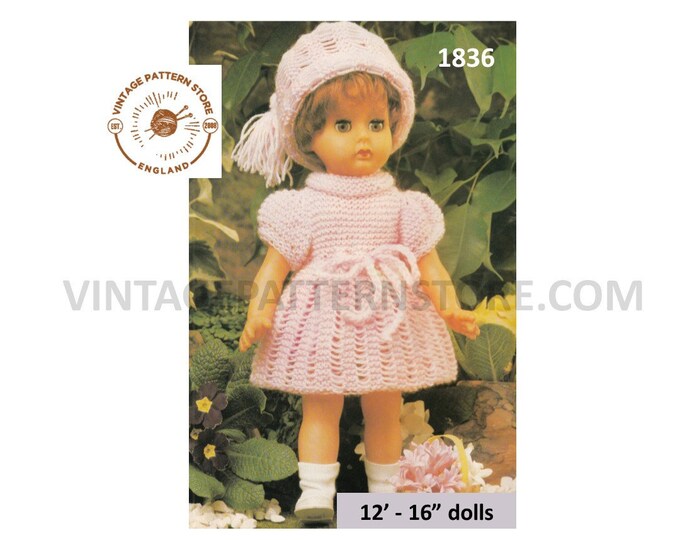 80s vintage 12" 14" 16" dolls clothes dress hat & pants pdf knitting pattern Instant PDF download 1836