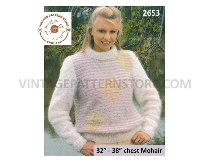 Ladies 80s mohair sweater knitting pattern, Womens Ladies polo neck mohair raglan sweater pattern - 32" - 38" chest PDF download 2653