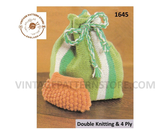 80s vintage easy to knit 4 ply bazzar gifts drawstring cosmetics travel bag and bobble change purse pdf knitting pattern PDF download 1645