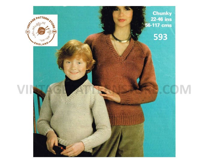 Ladies Womens Mens Boys Girls 80s vintage chunky easy to knit raglan sweater jumper pullover pdf knitting pattern 22" to 46" Download 593