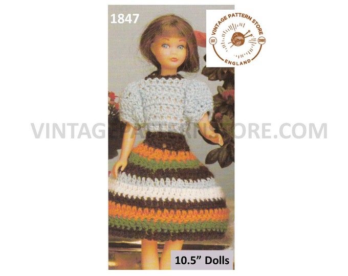 80s vintage Sindy Dolls clothes short puff sleeve striped dress pdf knitting pattern Instant PDF download 1847