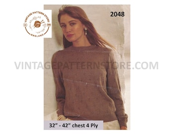 Ladies Womens 90s 4 ply round neck lacy diamond eyelet lace raglan sweater jumper pdf knitting pattern 32" to 42" chest PDF download 2048