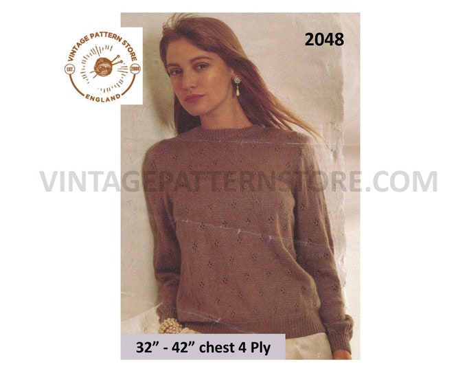 Ladies Womens 90s 4 ply round neck lacy diamond eyelet lace raglan sweater jumper pdf knitting pattern 32" to 42" chest PDF download 2048