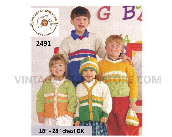 Boys Girls Toddlers Babies 90s DK V neck colour blocked drop shoulder dolman cardigan sweater pdf knitting pattern 18" to 28" Download 2491