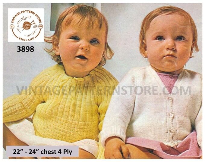 Baby Babies 70s easy to knit 4 ply V neck raglan cardigan & ribbed sweater jumper pdf knitting pattern 20" to 24" Instant PDF download 3898