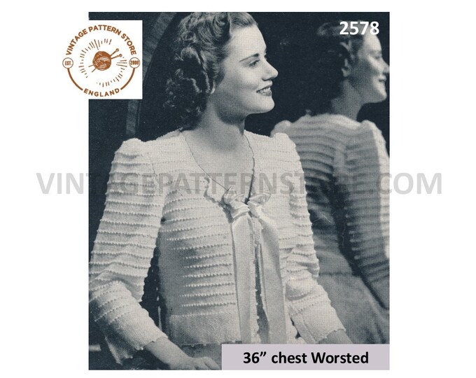 Ladies Womens 40s vintage V neck ribbon tie picot ridge cabled cable short sleeve worsted bed jacket pdf knitting pattern 36" Download 2578