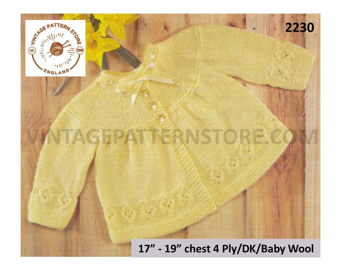 Baby Babies 70s vintage DK 4 ply cabled cable & lace round neck matinee coat cardigan jacket pdf knitting pattern 17" to 19" Download 2230