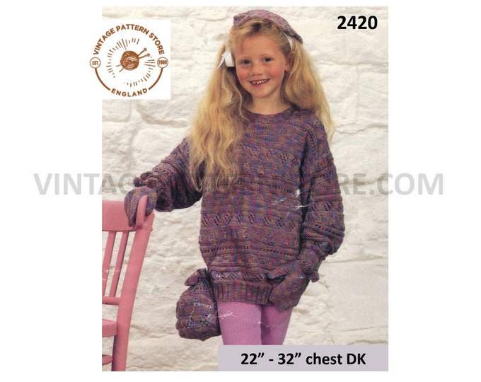 Girls 90s round neck long line lacy slouchy drop shoulder DK dolman sweater mittens beret bag pdf knitting pattern 22" to 32" Download 2420