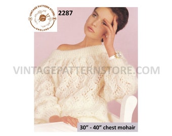 90s Vintage Mohair Cable & Eyelet Lace Sweater Knitting Pattern PDF – Off-Shoulder Dolman (30–40")