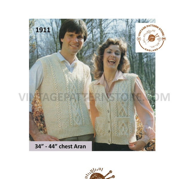 Ladies Womens Mens 70s vintage V neck cable aran tank top sweater vest and waistcoat pdf knitting pattern 34" to 44" PDF download 1911