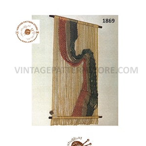 May include: A wall hanging made of yarn in shades of brown, red, and green. The yarn is woven into a pattern that resembles a wave. The hanging is attached to a wooden dowel rod.