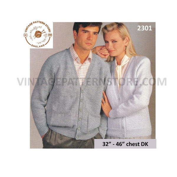 Ladies Womens Mens Mans 90s easy to knit oversized plus size extra large V neck DK cardigan pdf knitting pattern 32" to 46" Download 2301