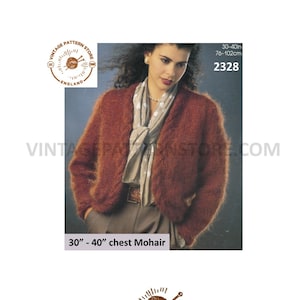 Puede incluir: Patrón de tejido vintage para un cárdigan de mohair, talla 76-102 cm de pecho. El patrón es de Vintage Pattern Store, Inglaterra. El número del patrón es 2328.