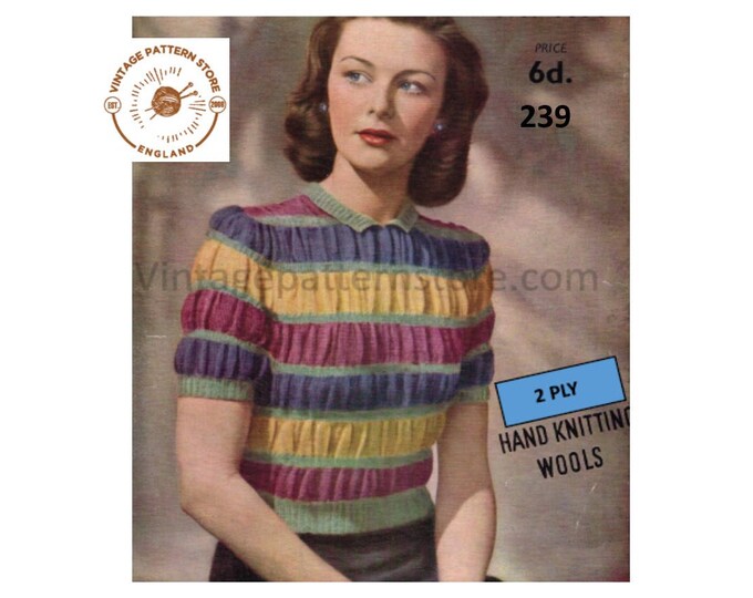 Ladies Womens 30s vintage round neck crimped 2 ply striped blouse Summer sweater jumper pdf knitting pattern 34" to 36" PDF download 239