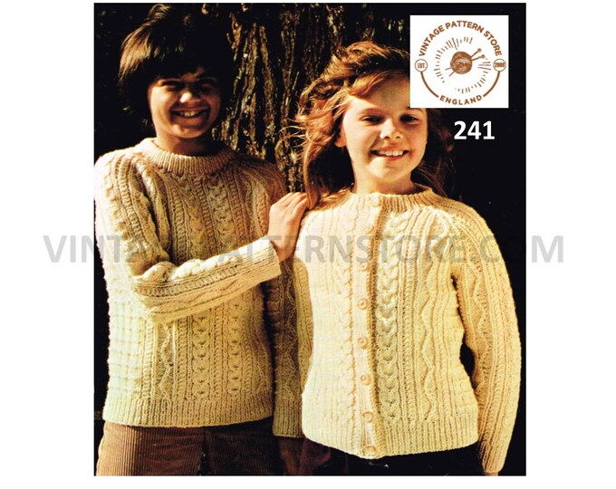 Boys Girls 80s vintage crew neck cable cabled raglan aran sweater jumper cardigan pdf knitting pattern 24" to 34" chest Instant download 241