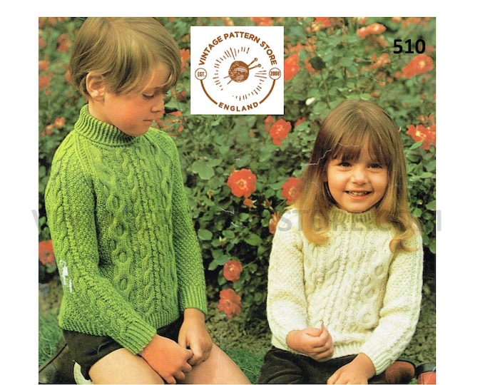 Boys Girls Childrens 80s vintage polo or crew neck cable cabled DK raglan sweater jumper pdf knitting pattern 22" to 26" chest download 510