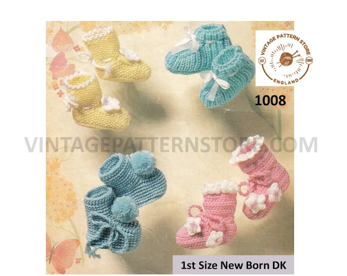 Newborn Baby Babies 60s vintage easy to knit DK booties bootees pdf knitting pattern 4 designs to knit Instant PDF download 1008