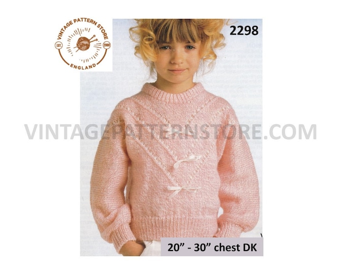 Girls Babies 80s round neck drop shoulder DK ribbon trim sweater jumper pdf knitting pattern 20" to 30" chest Instant Download 2298