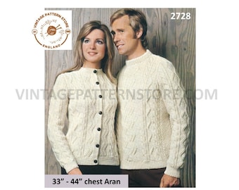 Ladies Womens Mens 70s vintage crew neck cable cabled raglan aran cardigan & sweater jumper pdf knitting pattern 33" to 44" Download 2728