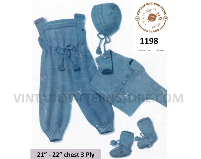 Baby Babies 50s vintage 3 ply raglan cardigan dungarees bonnet and mittens pram set pdf knitting pattern 21" to 22" chest PDF download 1198