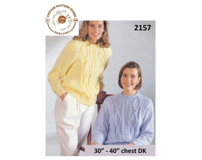 Ladies Womens 90s crew neck cabled cable panel DK raglan sweater jumper pdf knitting pattern 30" to 40" chest Instant PDF download 2157