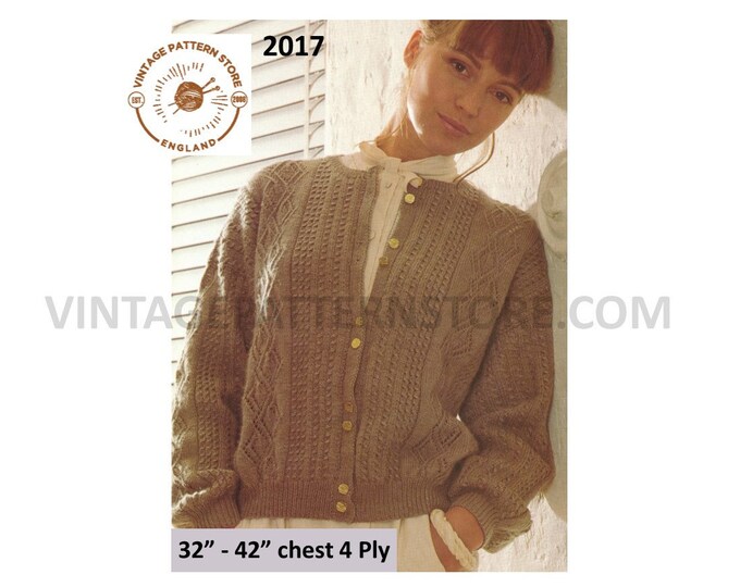 Ladies Womens 90s 4 ply round neck cabled cable and lace dolman cardigan pdf knitting pattern 32" to 42" chest Instant PDF download 2017