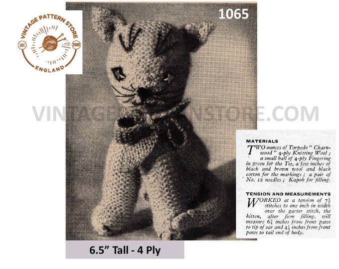 50s vintage plain and simple easy to knit 4 ply cuddly toy pussy cat kitten pdf knitting pattern 6.5" high approx instant PDF Download 1065