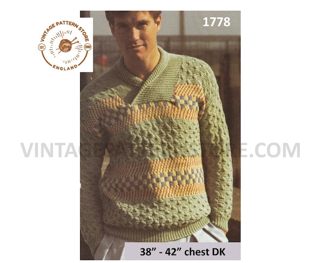 Mens Mans 80s vintage shawl collar texture check DK raglan sweater jumper pdf knitting pattern 38" to 42" chest Instant PDF download 1778
