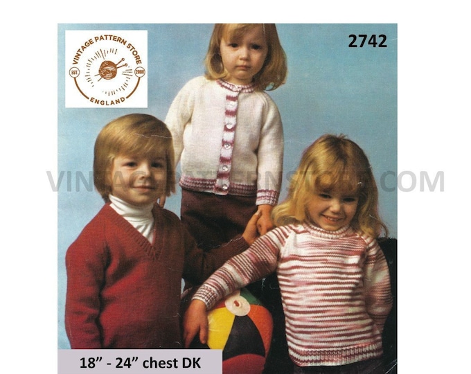 Boys Girls easy knit cardigan sweater knitting pattern, Boys girls raglan DK sweater cardigan pattern - 18" - 24" chest PDF download 2742