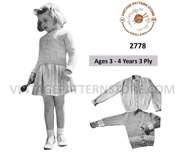 Girls 30s vintage 3 ply V & round neck cabled cable edge and fair isle banded raglan cardigan pdf knitting pattern age 3 to 4 Download 2778