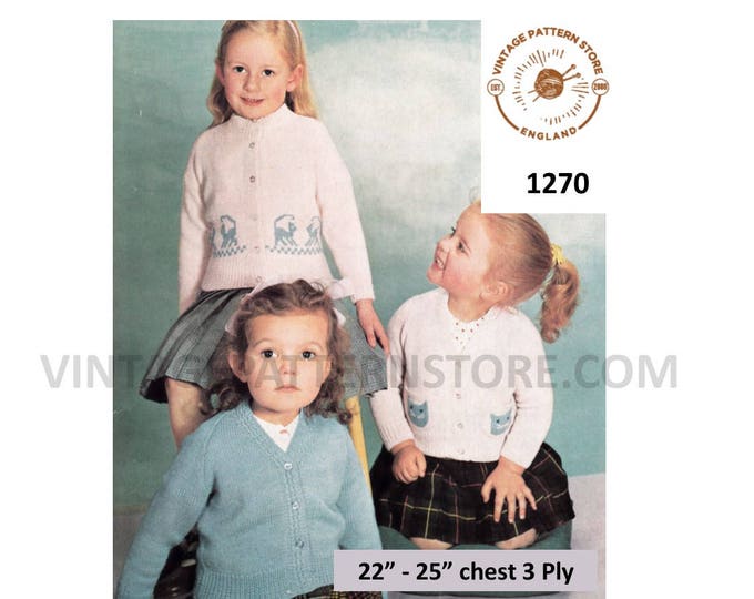 Girls 80s vintage easy to knit 3 ply V round neck intarsia cat kitten or plain raglan cardigan pdf knitting pattern 22" to 25" Download 1270