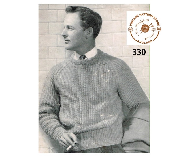 Mens Mans 50s vintage quick & easy to knit DK crew neck raglan sweater jumper pullover pdf knitting pattern 38" to 42" chest Download 330