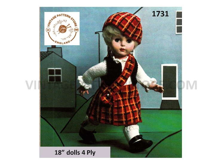 70s vintage 18" 4 ply dolls clothes Scottish national dress kilt beret set pdf knitting pattern Instant PDF download 1731