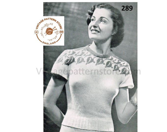 Ladies Womens 40s 3 ply round neck fair isle banded leaf yoke short sleeve raglan Summer sweater pdf knitting pattern 34" chest Download 289