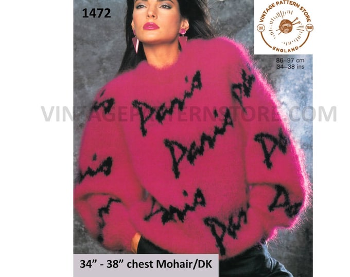 Ladies Womens 90s round neck Paris intarsia drop shoulder dolman mohair sweater jumper pdf knitting pattern 34" to 38" chest Download 1472