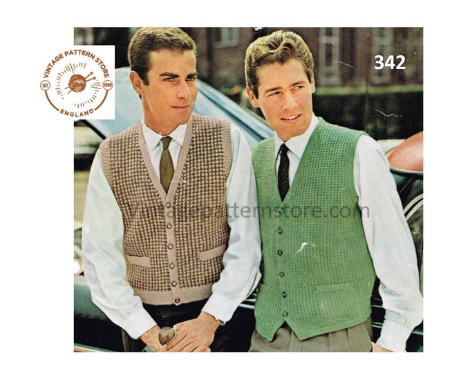Mens Mans 50s vintage easy to knit plain or check patterned V neck DK waistcoat pdf knitting pattern 38" to 44" Instant PDF download 342