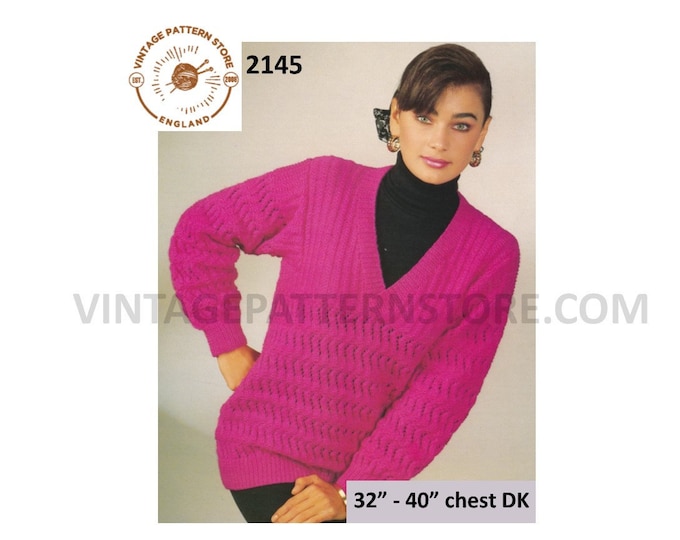 Ladies Womens 90s V neck ribbed rib yoke lacy drop shoulder DK dolman sweater jumper pdf knitting pattern 32" to 40" Instant Download 2145