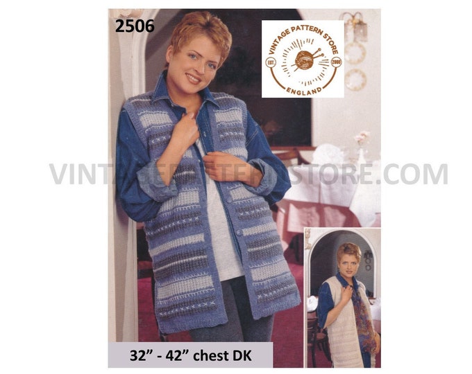 Ladies Womens 90s DK V neck long line striped and easy to knit sleeveless cardigan waistcoat pdf knitting pattern 32" to 42" Download 2506