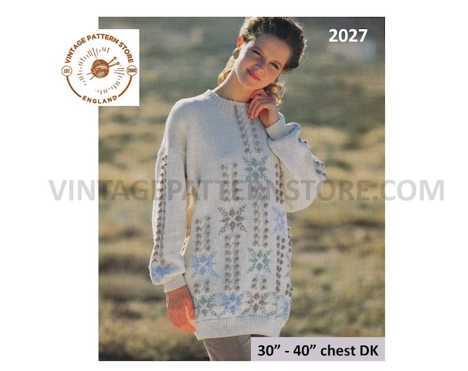 Ladies Womens 90s DK round neck snowflake intarsia cabled drop shoulder raglan sweater jumper pdf knitting pattern 30" to 40" Download 2027