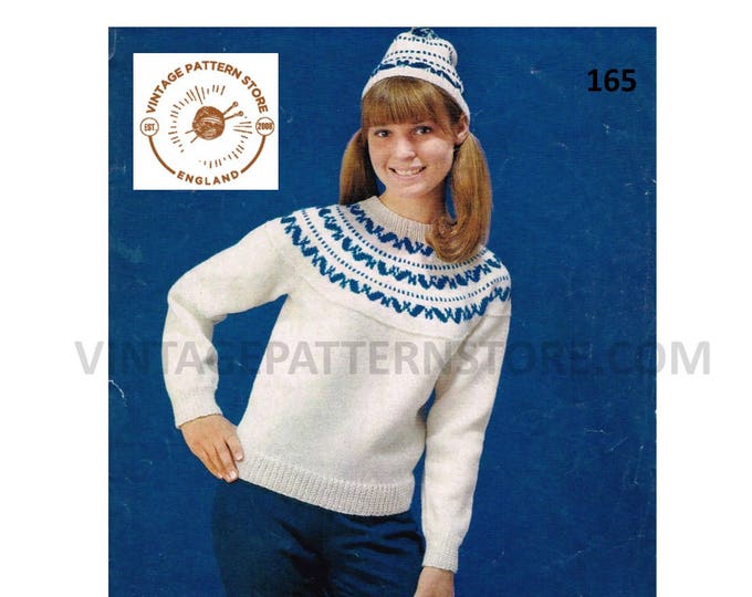 Ladies Womens 80s vintage DK round neck fair isle yoke yoked raglan sweater jumper & hat pdf knitting pattern 30" to 38" bust Download 165