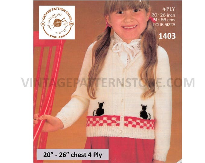 Girls 70s vintage 4 ply V neck cat kitten raglan cardigan pdf knitting pattern 20" to 26" chest Instant PDF Download 1403