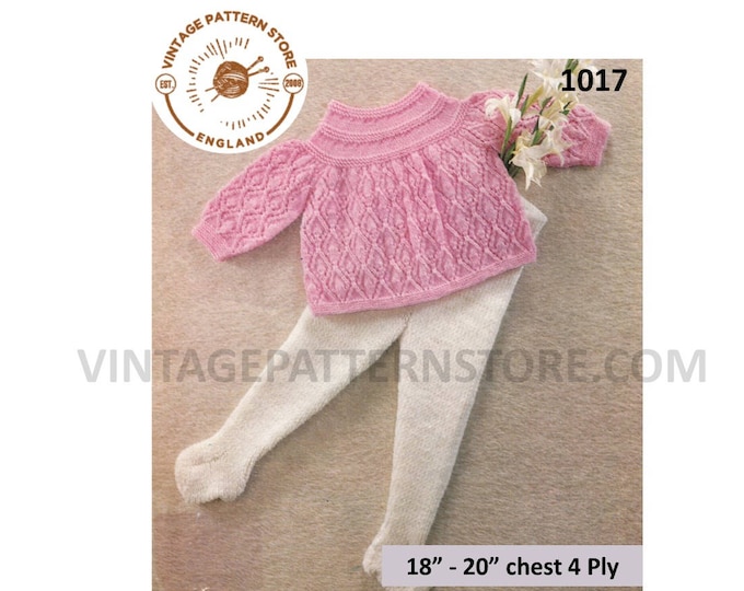 Baby Babies 70s vintage 4 ply easy to knit lacy round neck contrast yoke angel top & leggings pdf knitting pattern 18" to 20" Download 1017