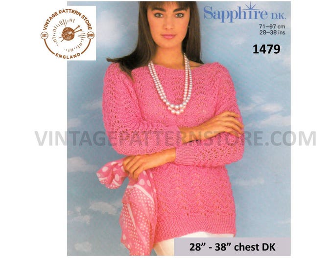 Ladies Womens 90s DK round neck lacy long line drop shoulder dolman sweater jumper pdf knitting pattern 28" to 38" chest Download  1479