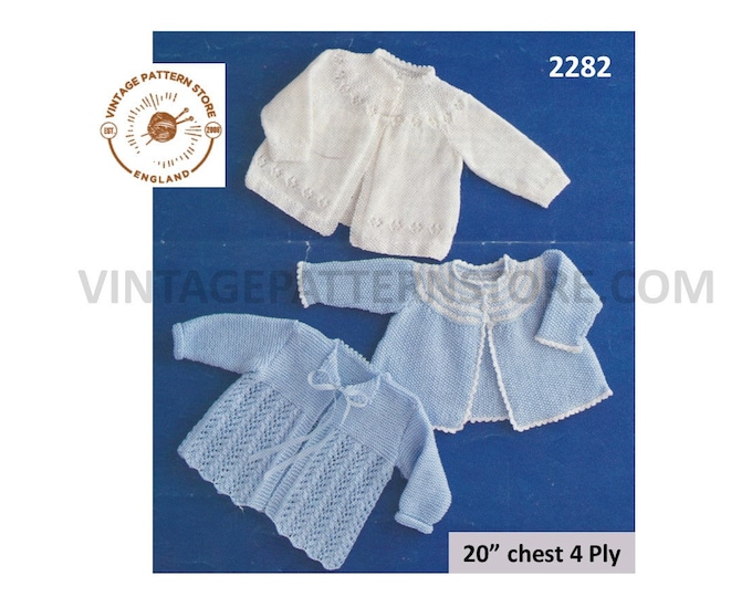 Baby Babies 80s vintage 4 ply lacy & picot edge raglan matinee coat jacket pdf knitting pattern 3 designs to knit 20" chest Download 2282